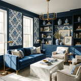 Blue and white floral wallpaper with a damask pattern, Delft Hearthstone Wallpaper with no brand attribution, covering the wall in a styled living room.
