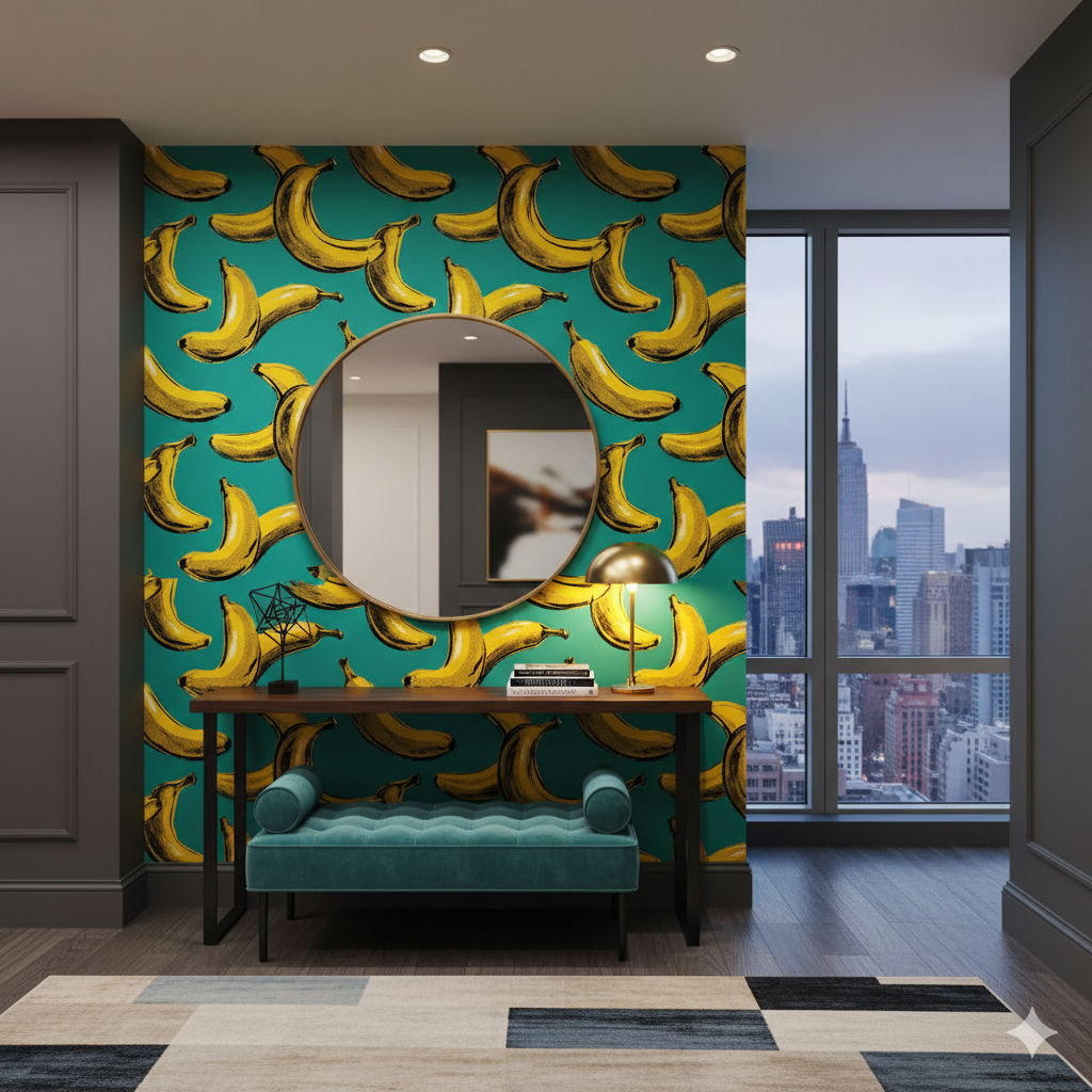Green banana pattern wallpaper by Velvet Peel covering a room wall with modern furniture.
