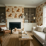 Honeypaw Study Wallpaper featuring a whimsical dog pattern all over.