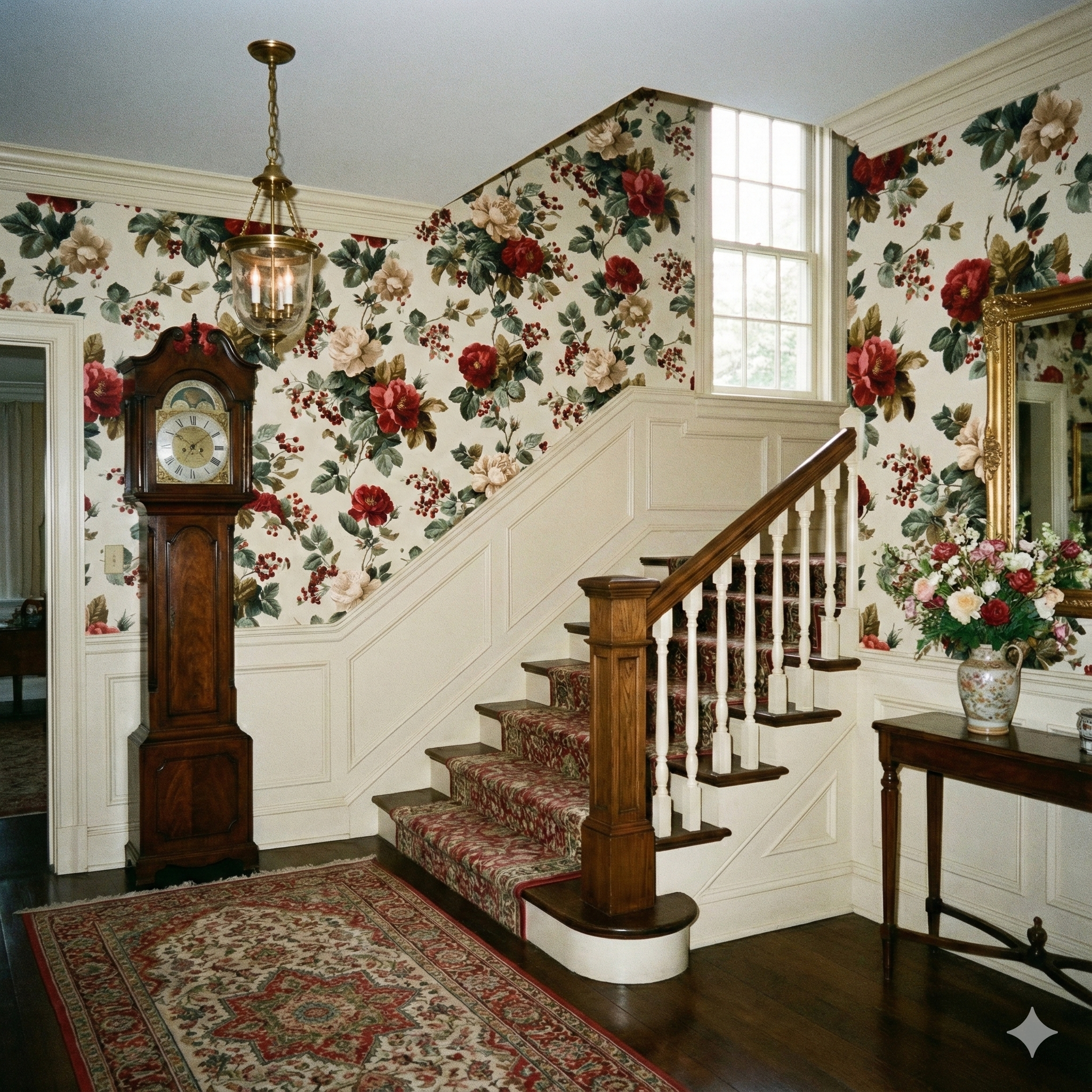 Floral pattern Briarberry Parlour Wallpaper with red and white blooms, displayed on a wall near a staircase.