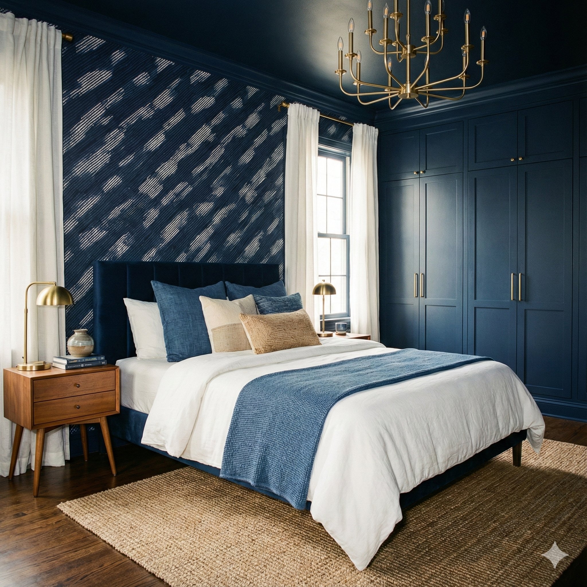 Navy blue Harborline Weave Wallpaper with abstract dash pattern, covering bedroom accent wall.
