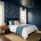 Navy blue Harborline Weave Wallpaper with abstract dash pattern, covering bedroom accent wall.