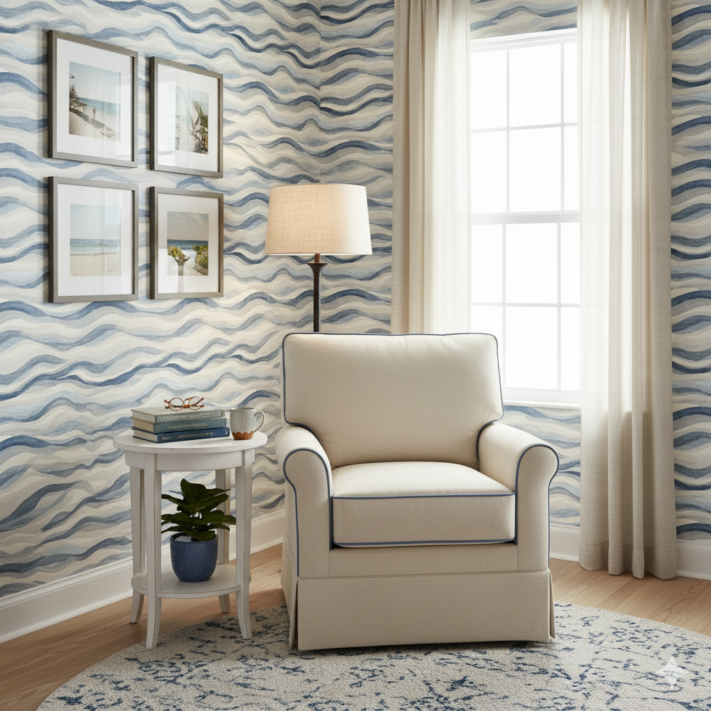 Bluewater Undercurrent Wallpaper with wavy watercolor-look pattern in blue and white.