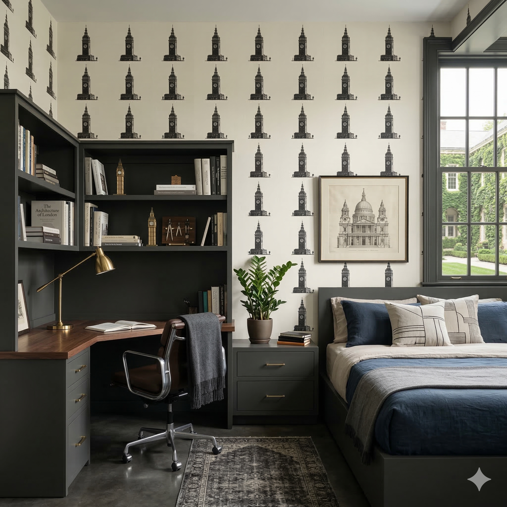 Horologe Row wallpaper with a black pattern on a neutral background.