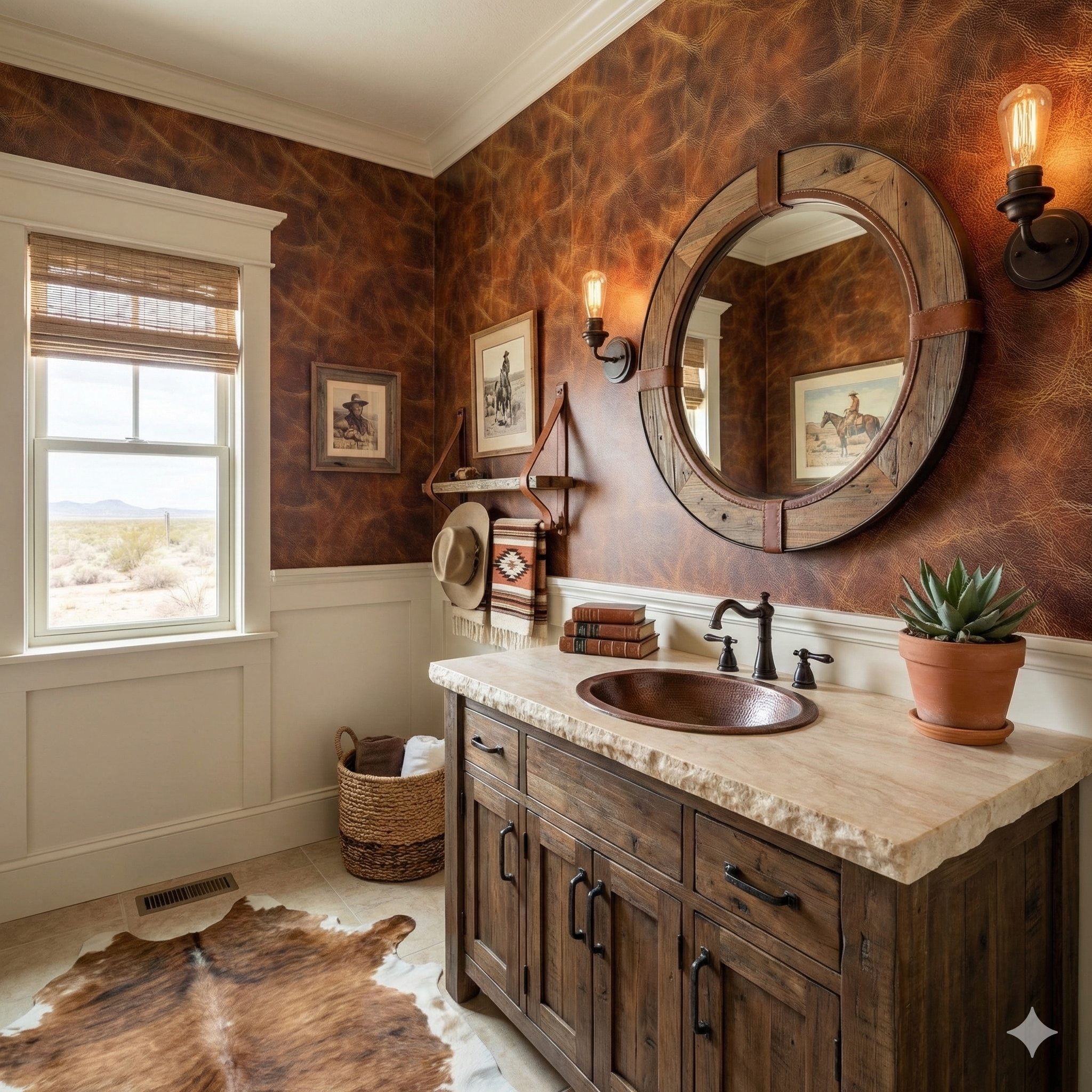 Brown leather textured Saddle Legacy Wallpaper with a Western style, covering the walls of a bathroom with a rustic vanity.
