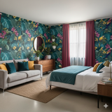 Tropical Parrot Bay Wallpaper with floral and bird pattern, in a furnished bedroom setting.