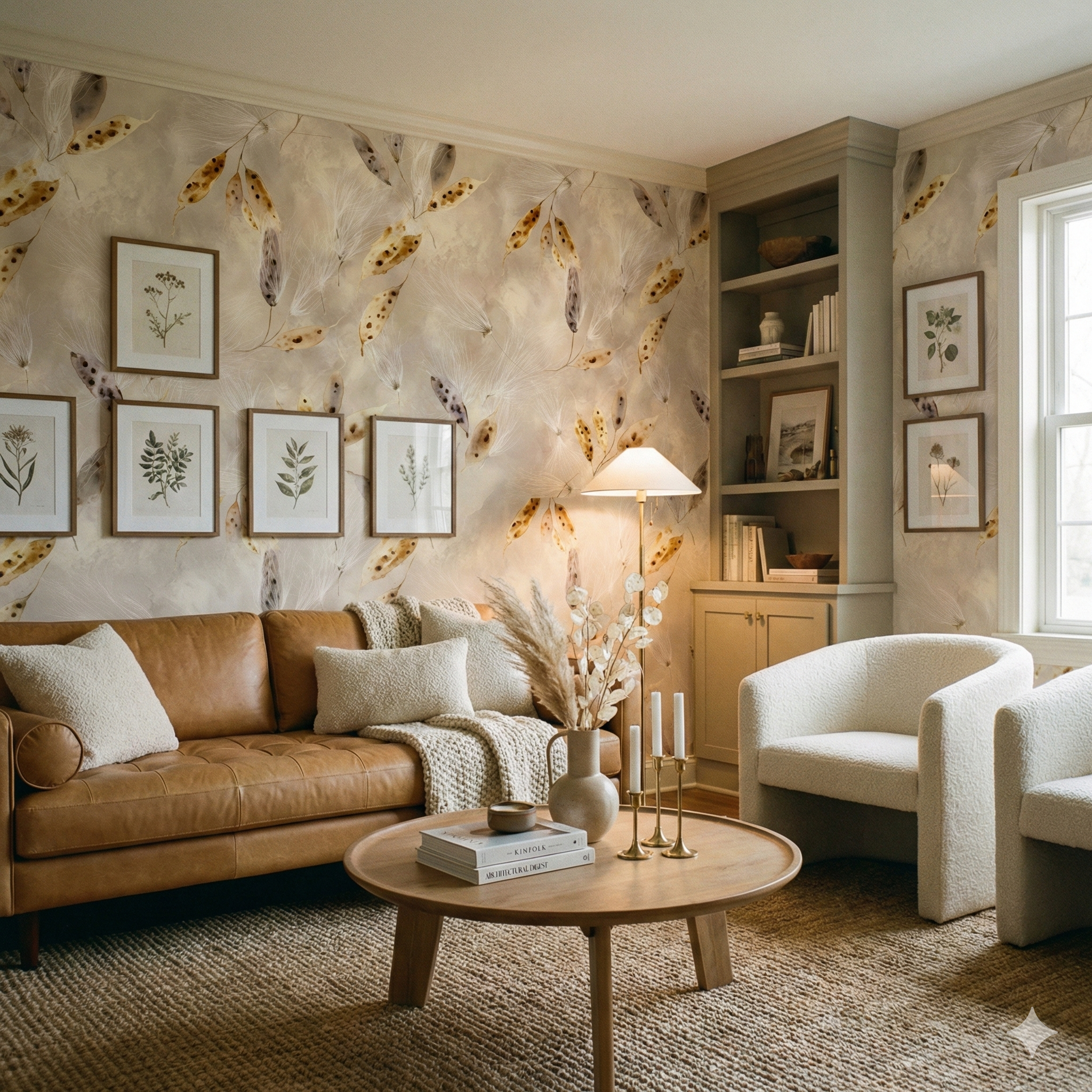 Silken Fall wallpaper with botanical print, featuring brown leaf pattern and white wisps, applied in living room.