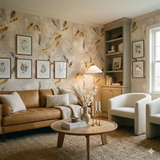 Silken Fall wallpaper with botanical print, featuring brown leaf pattern and white wisps, applied in living room.