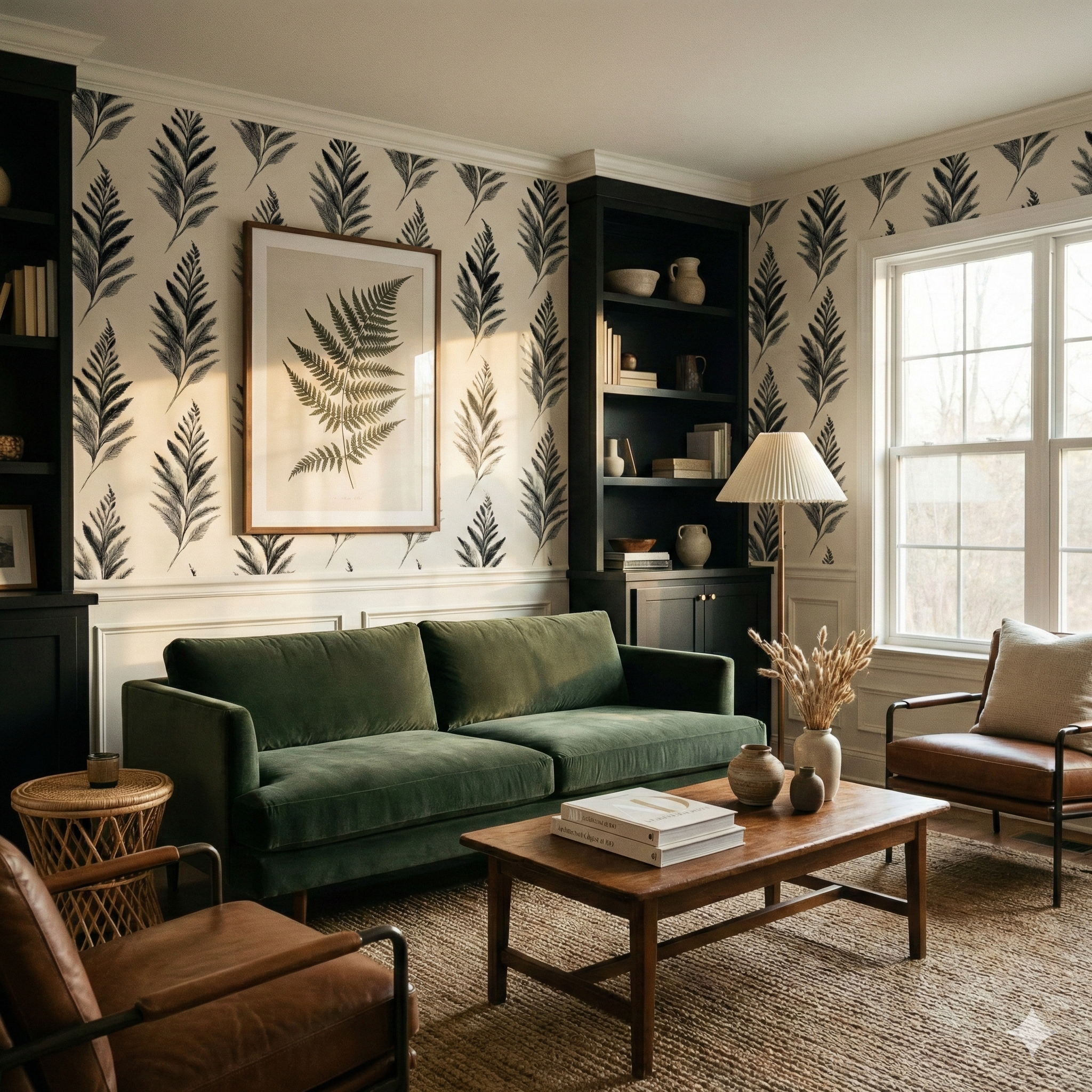 Blackthorn Plume wallpaper with leaf pattern and dark accents, styled in a living room.
