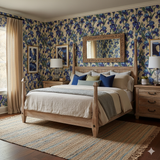 Floral wallpaper with blue irises by York Wallcoverings covering an entire bedroom wall behind a wooden four-poster bed.
