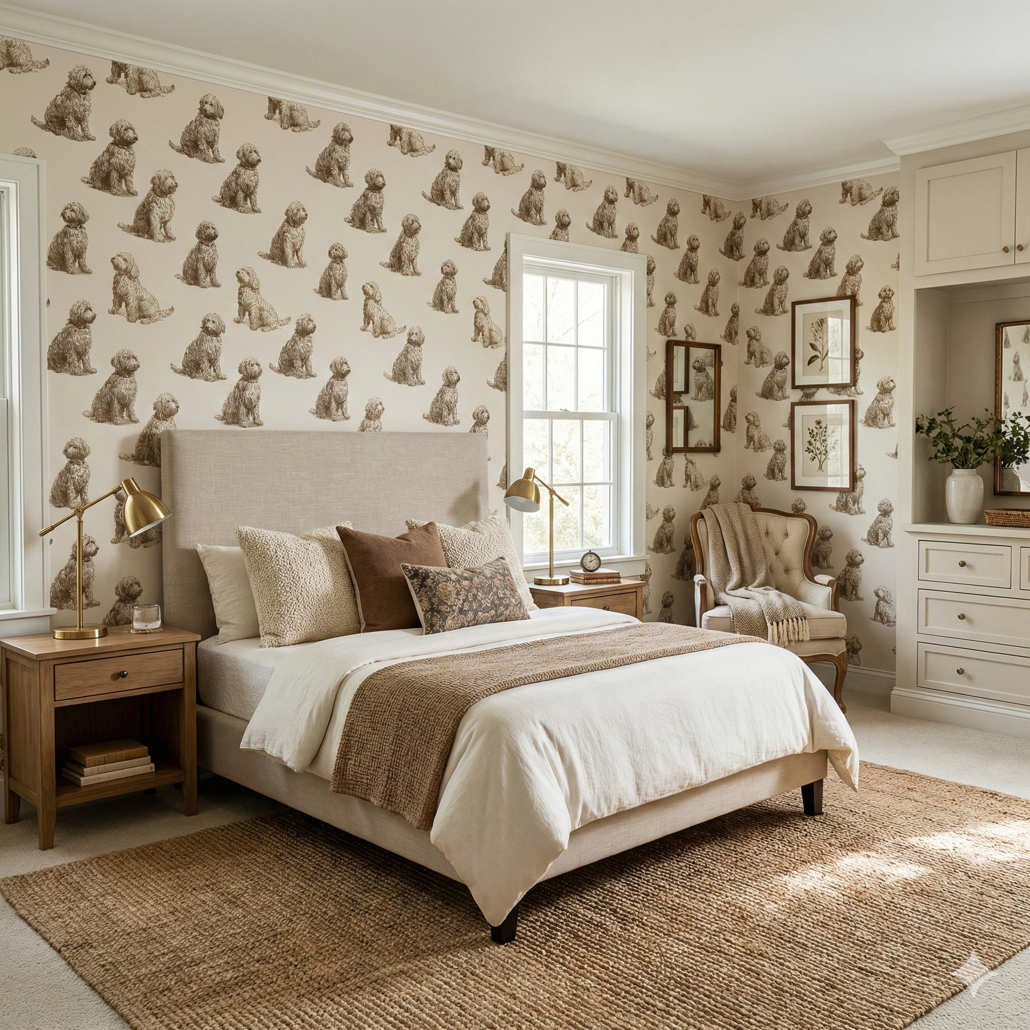Sketch & Sitter wallpaper with dog pattern on the bedroom walls.