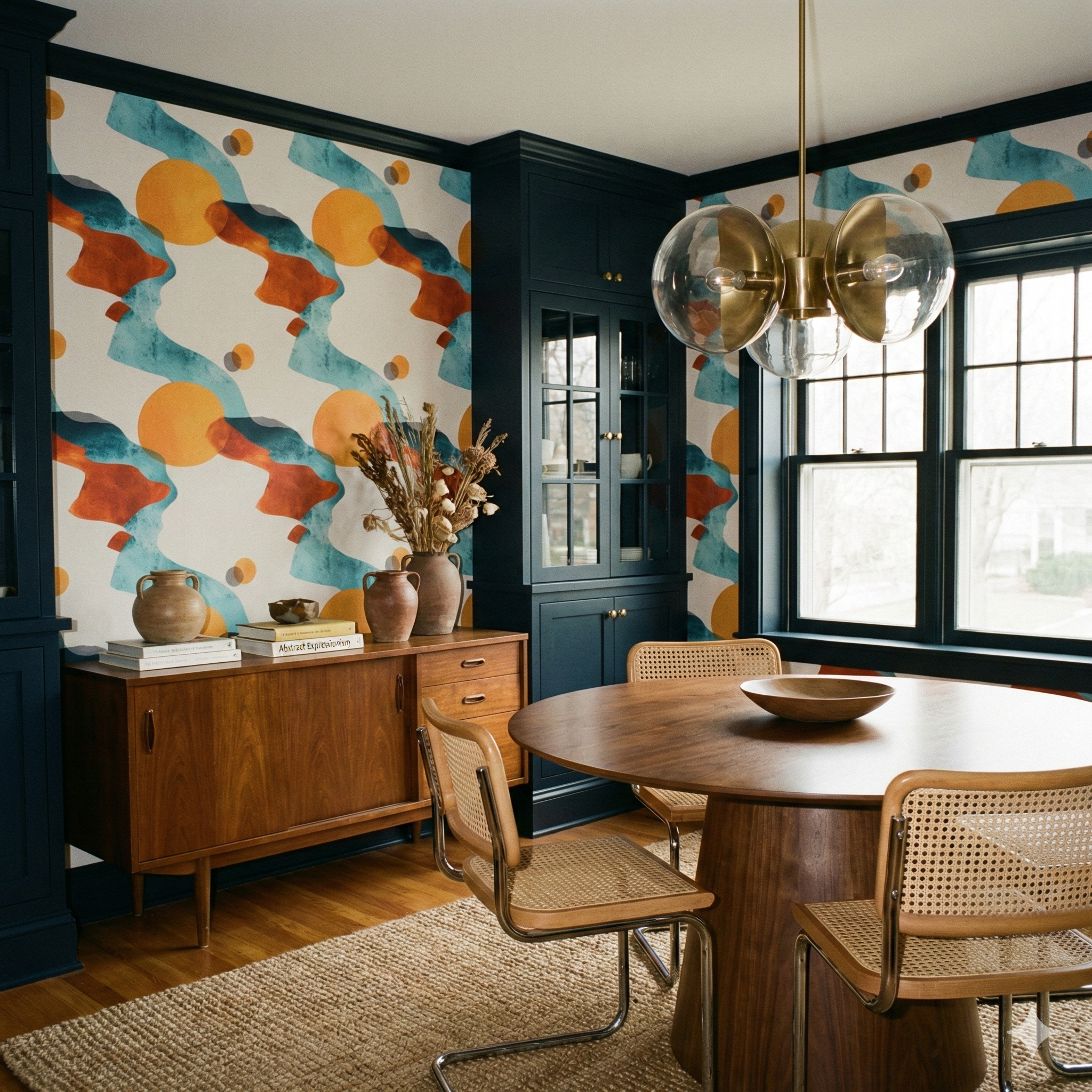 Abstract patterned wallpaper with teal, orange, and yellow shapes, with white background, featuring retro furniture in a dining room.
