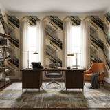 Golden Ascent wallpaper featuring gold, gray, and black abstract pattern, displayed in an office setting.