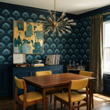 Midnight Temple Bloom wallpaper featuring a blue floral pattern on a dark background.