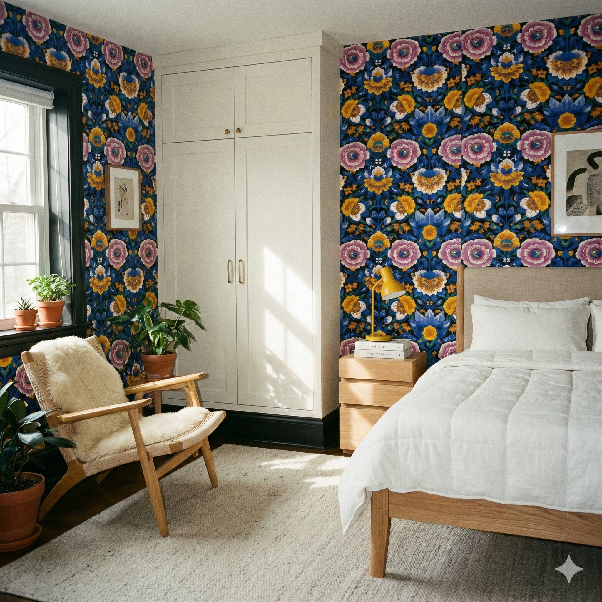 Floral Gallery Allegory Wallpaper with blue and yellow patterns, featuring a dark background.