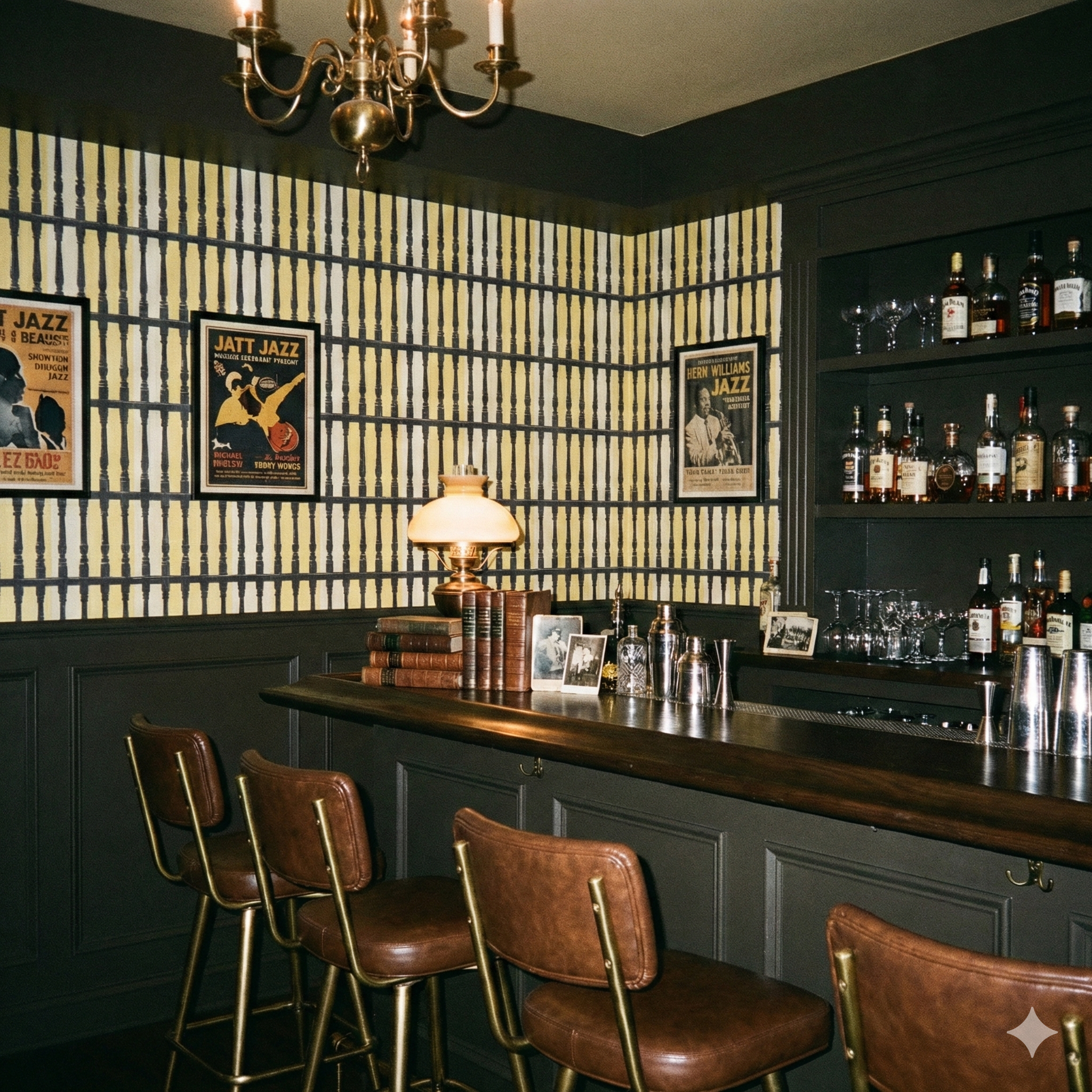 Veranda Spindles Wallpaper featuring a black and yellow baluster pattern, evoking a classic, yet modern style.
