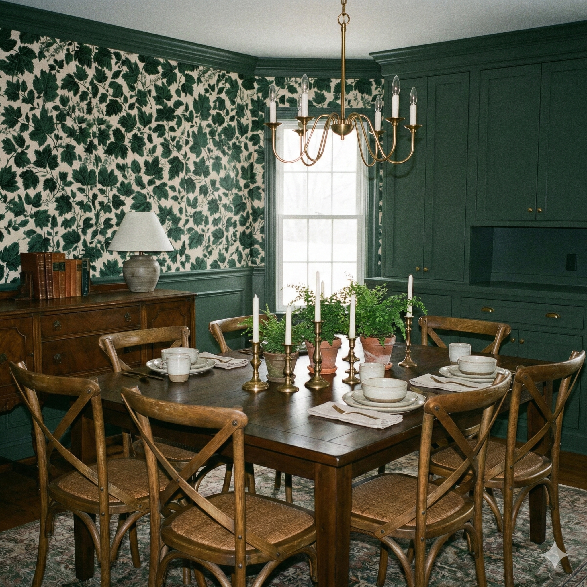 Green leaf-patterned wallpaper, Hearthwood Canopy Wallpaper, with a traditional style, set above a wainscot.
