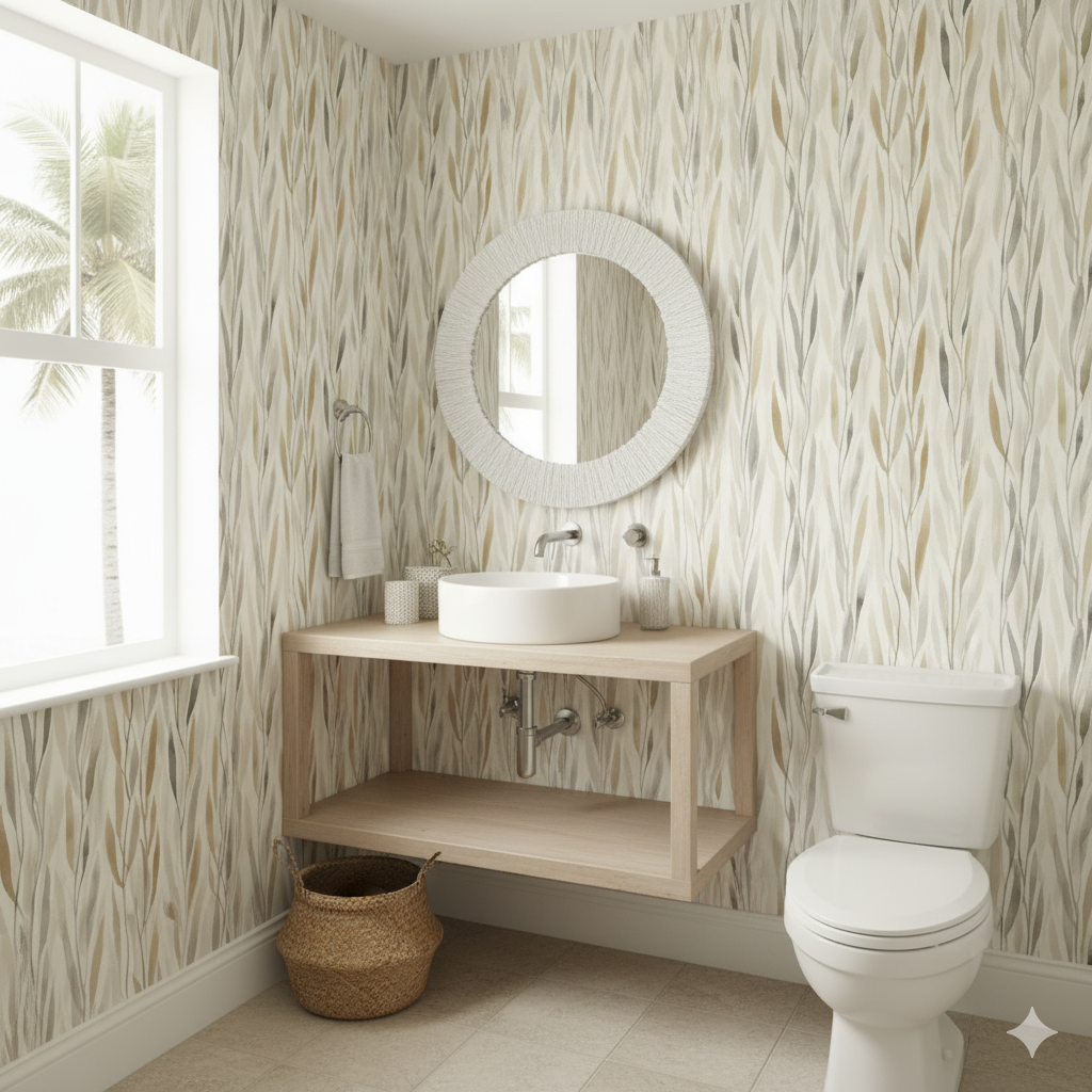 Patterned wallpaper with a leafy coastal design, featuring tan and gray hues.