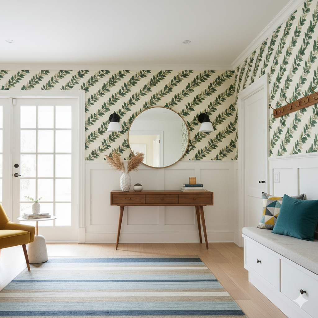 Green wallpaper with green leaf pattern by York Wallcoverings, decorating an entryway with a mirror and wood console table.
