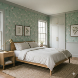 Green floral wallpaper with a wildflower pattern, featuring daisy accents, and installed above a light-gray wainscoting.