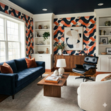 Abstract coral loop wallpaper pattern from Wallshoppe covering the walls of a styled living room.
