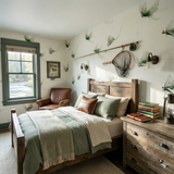 Fly-patterned wallpaper with a watercolor design, Willowborne Flies Wallpaper, showcasing various shades of green and a pale background.