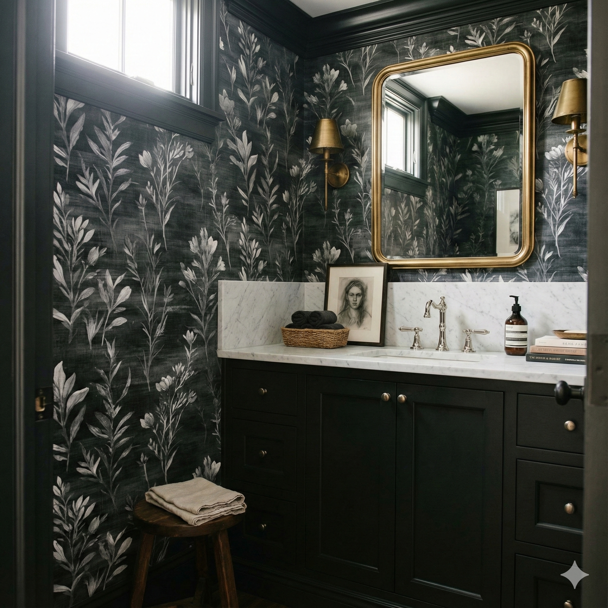 Botanique wallpaper in black and white Havenshade pattern, with a stylized floral design in a bathroom setting.