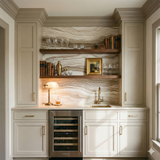 Stoneveil Strata wallpaper with a marble-like pattern, featuring beige and cream swirls.