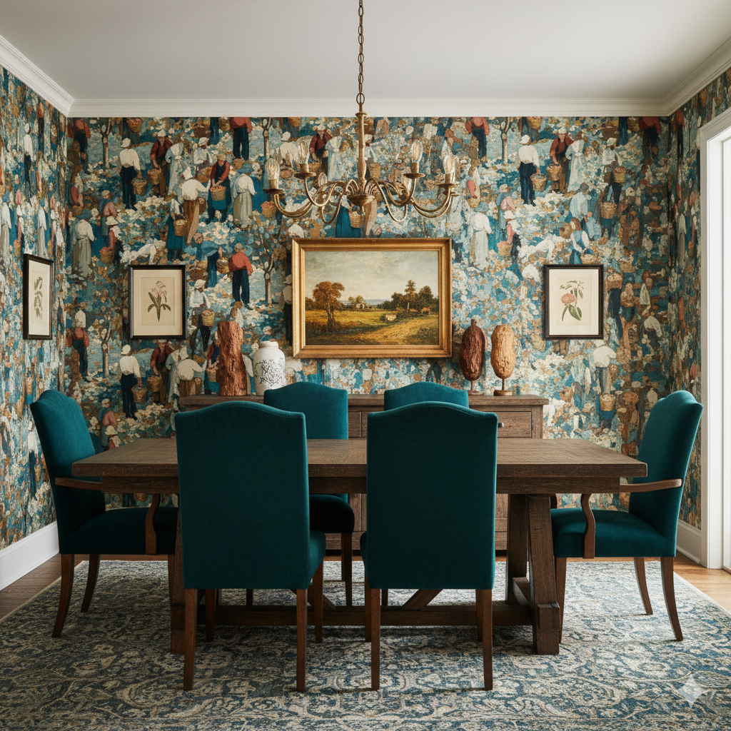 Autumn Bounty wallpaper with people gathering design, showing a dining room interior scene.