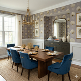 Opaline Reefburst wallpaper with gray backdrop, gold botanical pattern, and neutral trim.
