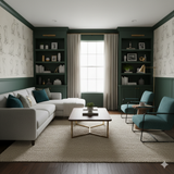 Stafford Etude Wallpaper with sketched dog pattern, shown as a stylish accent in a green living room.
