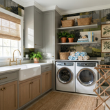 Lowcountry Memory wallpaper with trees pattern, styled in a laundry room with natural lighting.