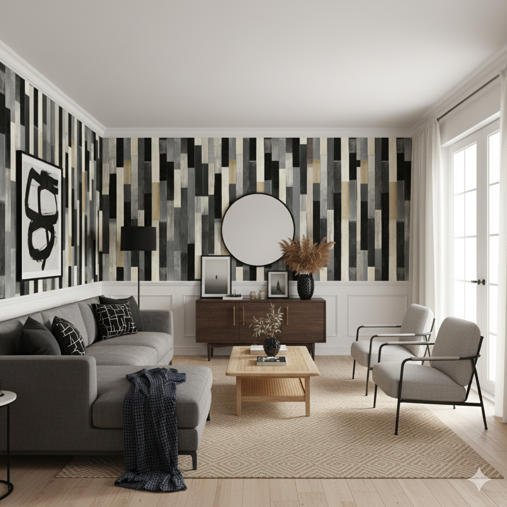 Echelon Panel Wallpaper with a black, gray, and tan wood panel pattern.