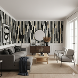 Echelon Panel Wallpaper with a black, gray, and tan wood panel pattern.