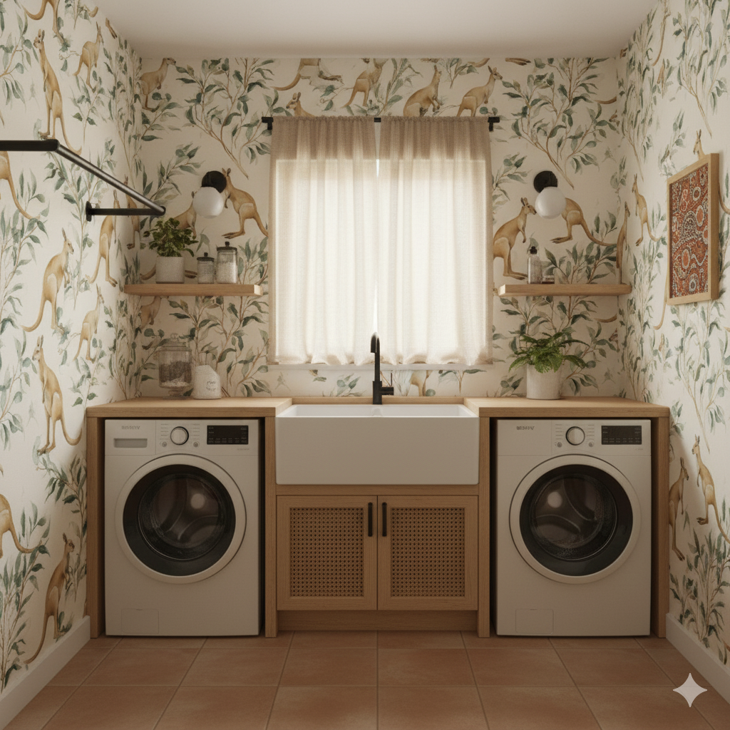 Kangaroo print wallpaper with green foliage by Maranoa, decorating a laundry room with washer and sink.
