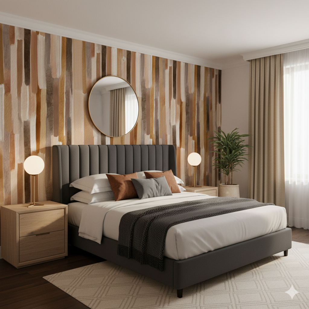 Sienna Strata Wallpaper with vertical stripes and brush stroke pattern.