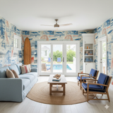 Shoreline Souvenir wallpaper with blue and red collage pattern, a seaside-inspired aesthetic for coastal interiors.