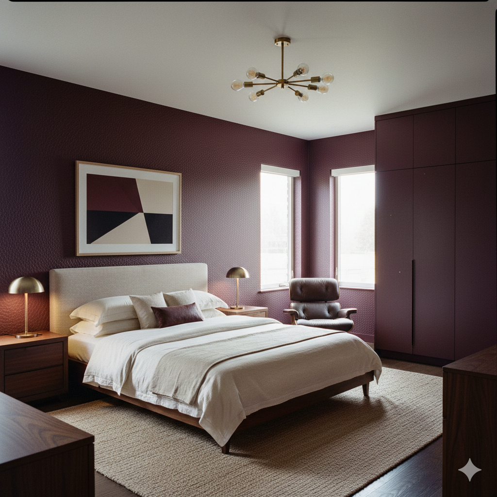 Oxblood wallpaper with a subtle texture, from Estate, covering the bedroom walls.