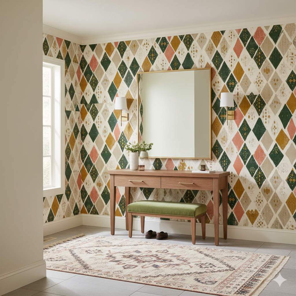 Mariner’s Harlequin Wallpaper with diamond pattern featuring green, gold, and pink shapes.
