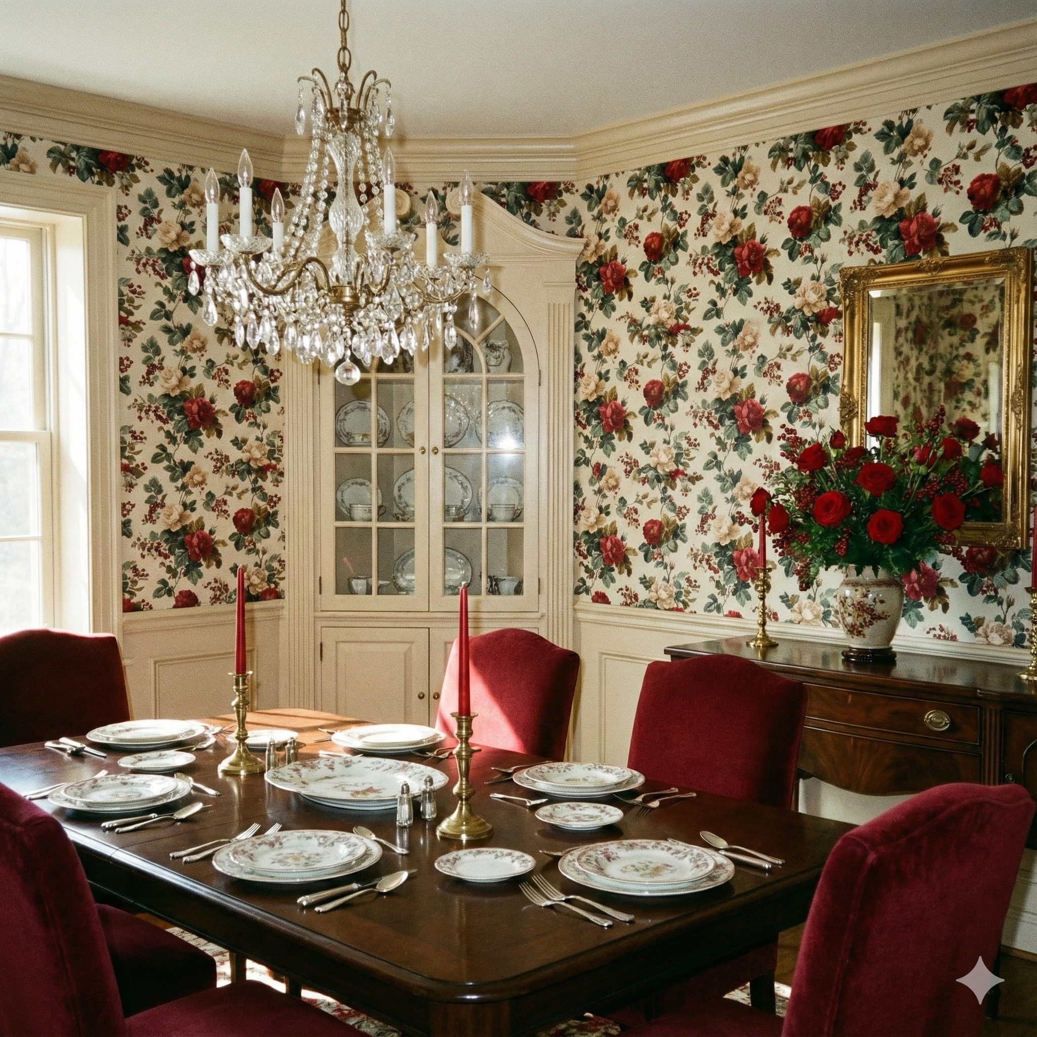 Floral wallpaper with a rose and berry pattern, featuring a vintage style.
