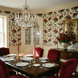Floral wallpaper with a rose and berry pattern, featuring a vintage style.