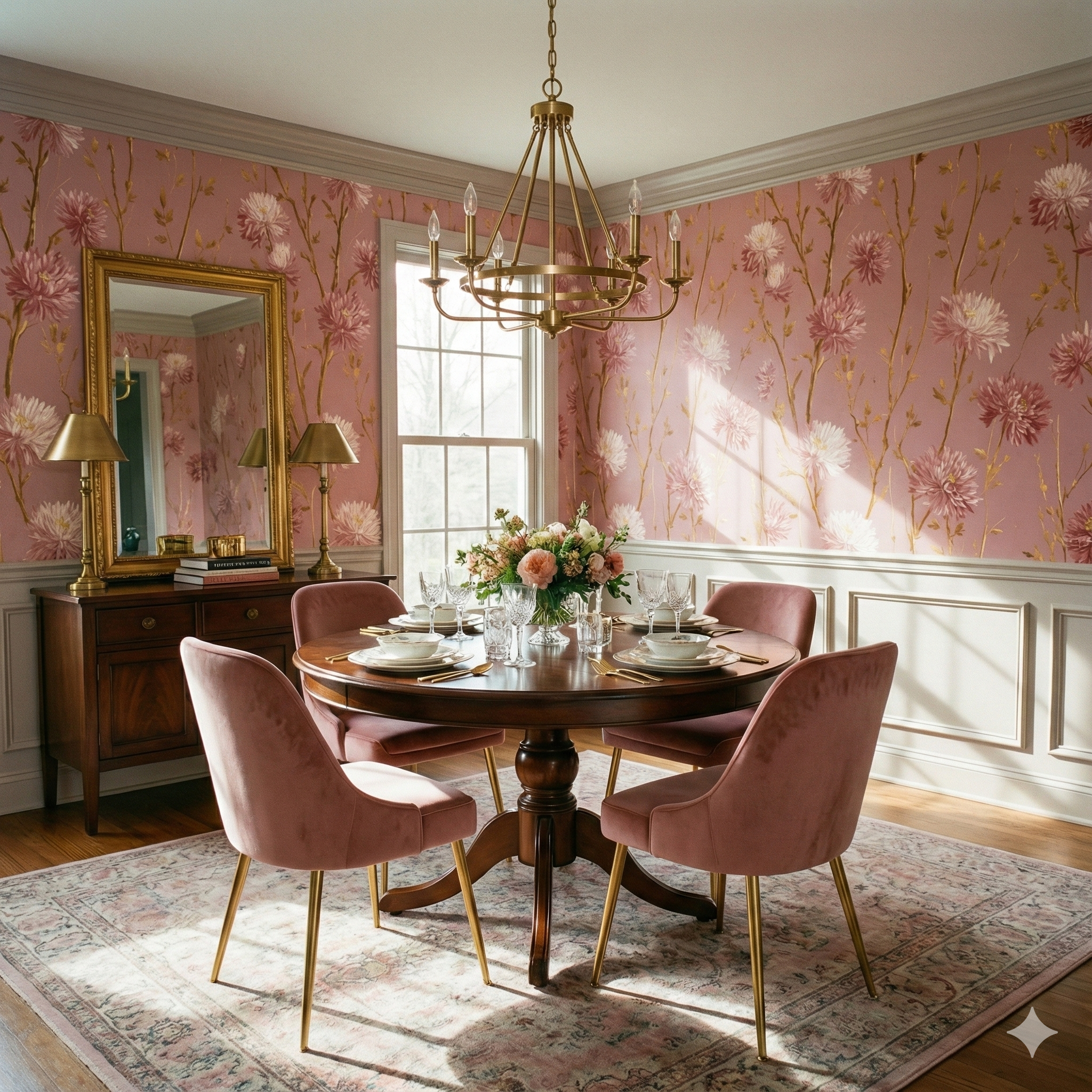 Floral Rosette Emberfield Wallpaper with a pink flower pattern on the walls of a dining room.