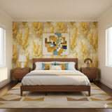 Sunflare Meadow wallpaper with a yellow and beige floral pattern covering the wall.
