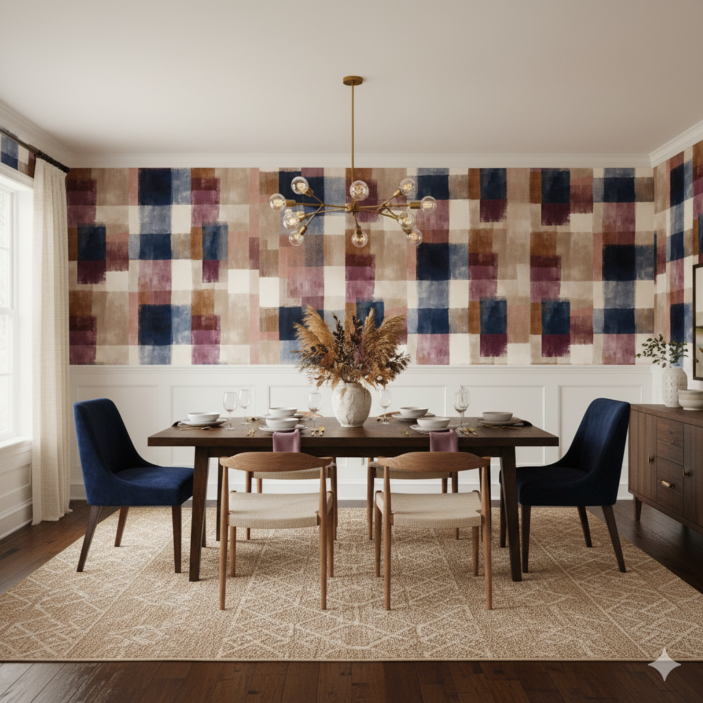 Ashbury Plaid Wallpaper with neutral and colorful squares, patterned wall decor.