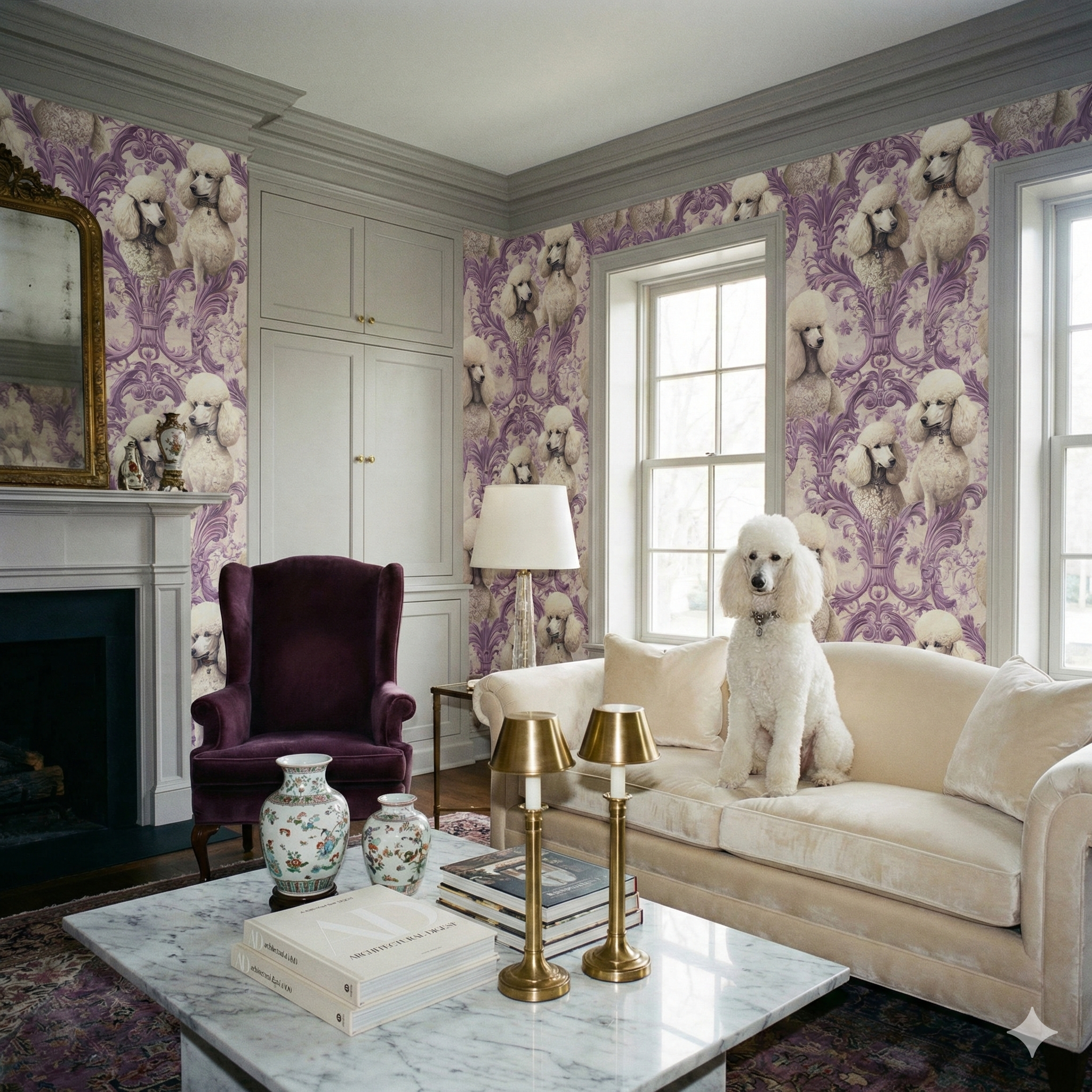 Patterned Versailles Vogue Wallpaper with poodle design on a light purple backdrop.