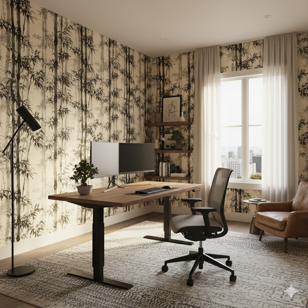 Ink Whisper Bamboo Wallpaper with black and gray bamboo pattern covering the wall.