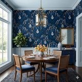 Indigo Etruria Wallpaper with floral and vase pattern on dark blue background.