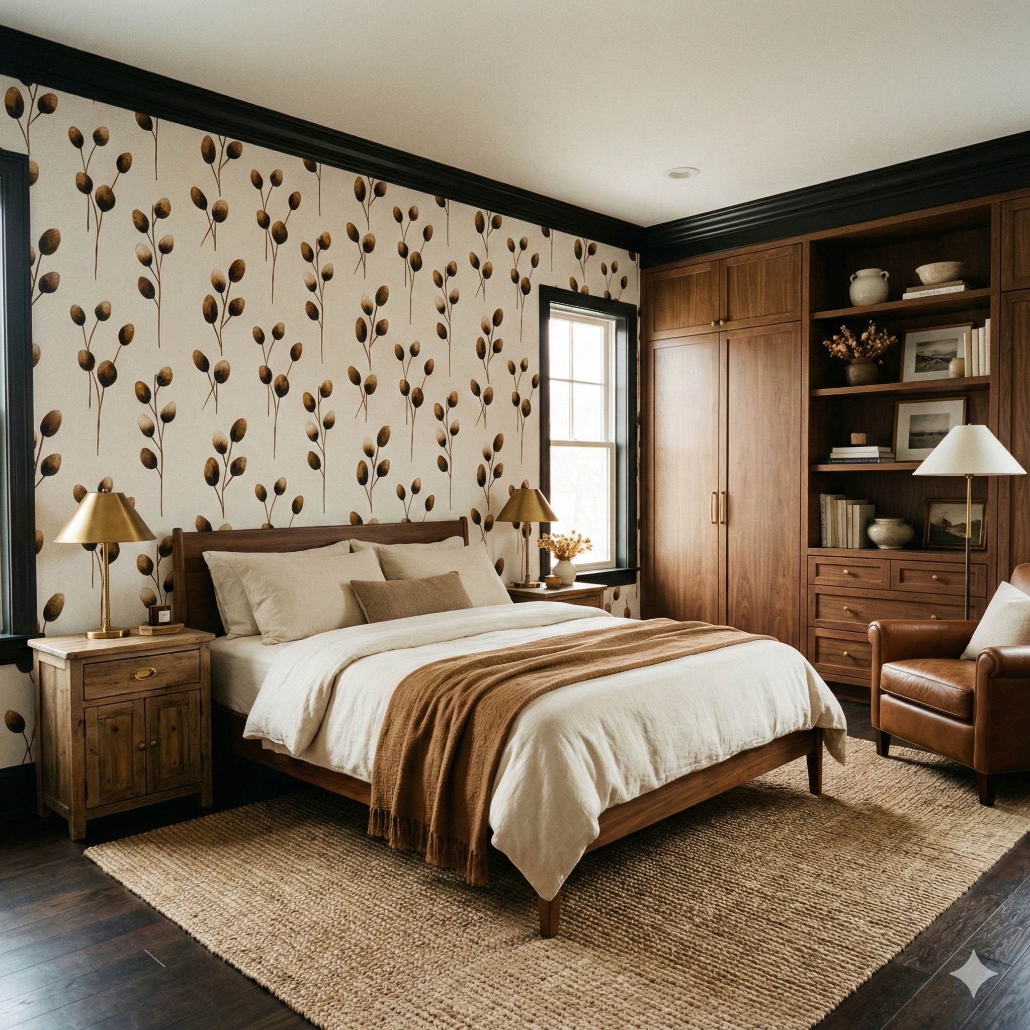 Fieldscript wallpaper with botanical pattern, covering the bedroom wall.