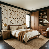 Fieldscript wallpaper with botanical pattern, covering the bedroom wall.