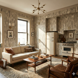 Patterned Manhasset Cartography wallpaper with a cityscape design, covering the walls and kitchen cabinets.